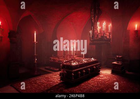 interior of Dracula castle, victorian furnitures and coffin illuminated by candlesticks horror Halloween theme. Gothic atmosphere inside of Ancient Stock Photo