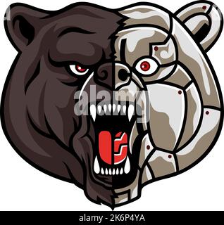 Illustration of Grizzly Bear Head Roaring with a Half Robot Face Stock Vector