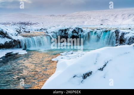 Winter at Godafoss Waterfall, Northeastern Region. Iceland, Europe. Stock Photo