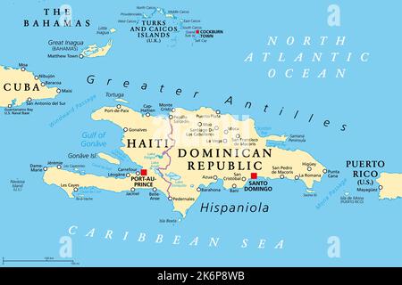 Hispaniola and surroundings, political map. Caribbean island, divided into Haiti and Dominican Republic, part of Greater Antilles. Stock Photo
