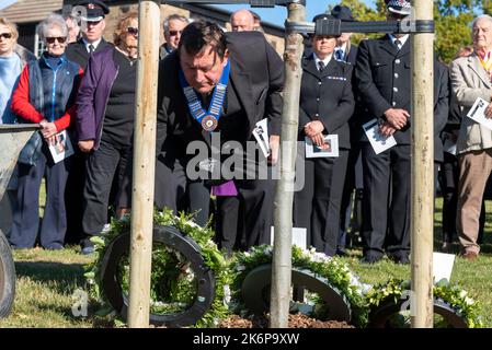 Chalkwell Park, Southend on Sea, Essex, UK. 15th Oct, 2022. On the first anniversary of the murder of Conservative MP Sir David Amess a tribute event has taken place in the Borough attended by local dignitaries and members of the public. A memorial tree has been planted using compost created from floral tributes laid by the public in the aftermath of the MP’s murder in 2021 Stock Photo