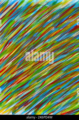 Many different multi-colored lines are chaotically drawn with brush on white canvas background. Art backdrop close-up. Abstract colored line brush painted randomly on white background. Bright colorful Stock Photo
