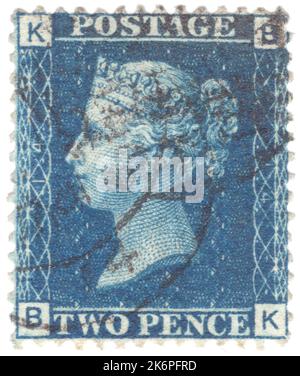 UNITED KINGDOM — CIRCA 1858: An old British Victorian used two penny blue postage stamp showing portrait of Queen Victoria Stock Photo