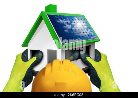 Construction worker with work gloves and orange hard hat holding a small model house with solar panels on the roof. Isolated on white background. Stock Photo
