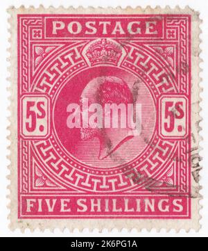 UNITED KINGDOM - 1902: An 5 shilling carmine-rose postage stamp showing portrait of King Edward VII Stock Photo