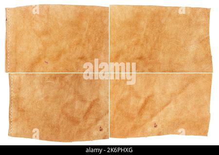 Collection of brown leather textures isolated on white background. Rough uneven edges. Rectangular composite image of leather textures Stock Photo