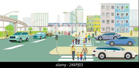 People on the crosswalk and road traffic, illustration Stock Vector