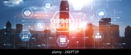 Cobol. Common Business Oriented Language. Computer programming language designed for business use. City background Stock Photo