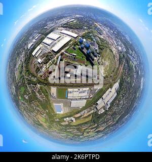 Aerial view, Westfalenhütte industrial park, Amazon logistics and thyssenkrupp Steel Europe, fisheye shot, fish eye shot, 360 degree shot, Borsigplatz Stock Photo