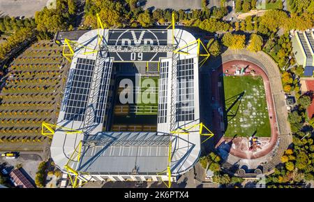 Aerial view, stadium Rote Erde modernization and renovation, next door the Bundesliga stadium Signal Iduna Park, BVB Borussia Dortmund, Westfalenhalle Stock Photo