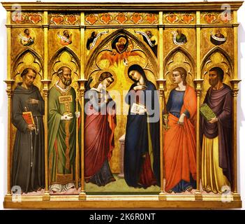 The Annunciation with Saints, Luca di Tommè 1396-1389, Florence, Italy. (  Annunciation with, St.Francis, St.Nicholas, St.Thomas, Sainted Evangelist, The Prophets Elijah, Aaron, Malachi and Isaiah ) Stock Photo