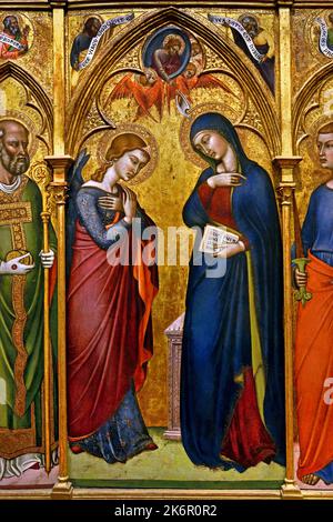 The Annunciation with Saints, Luca di Tommè 1396-1389, Florence, Italy. (  Annunciation with, St.Francis, St.Nicholas, St.Thomas, Sainted Evangelist, The Prophets Elijah, Aaron, Malachi and Isaiah ) middle panel. Stock Photo