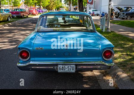 Falcon Heights, MN - June 19, 2022: High perspective rear view of a 1963 Ford Falcon 2 Door Sedan at a local car show. Stock Photo