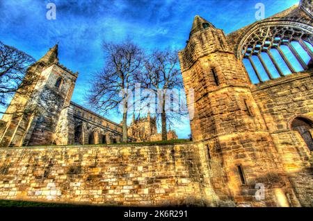 City of Dunfermline, Scotland. Artistic view of the western and southern façade of Dunfermline Abbey. Stock Photo