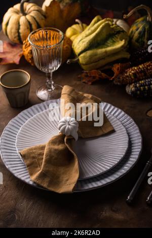 Autumn fall Thanksgiving table setting Stock Photo