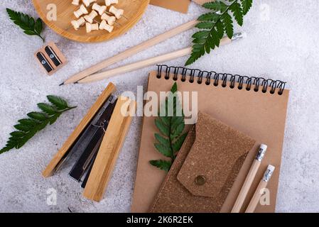 Eco wooden craft stationery. Sustainable life concept Stock Photo