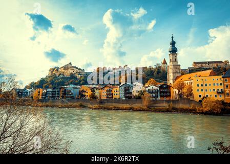 Panoramic view of old town and castle Burghausen, Bavaria, Germany and Salzach river. Toned image. Stock Photo