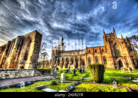 City of Dunfermline, Scotland. Artistic view of the southern façade of Dunfermline Abbey, with the palace on the left. Stock Photo