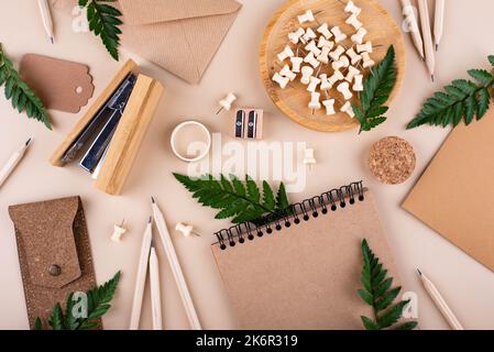 Eco wooden craft stationery. Sustainable life concept Stock Photo