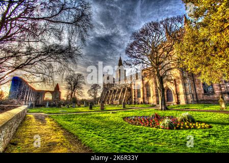 City of Dunfermline, Scotland. Artistic view of the southern façade of Dunfermline Abbey, with the palace on the left. Stock Photo