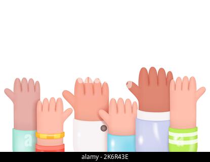 Raised Hands. Voting, Teamwork, Collaboration, Volunteering Concept. 3D Vector illustration Isolated on White Background. People Vote Hands Stock Vector
