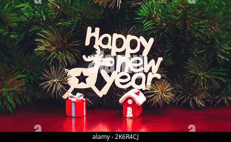 Happy Holidays greeting card, frame, banner. New Year. Noel. Christmas ornaments and gift box Stock Photo