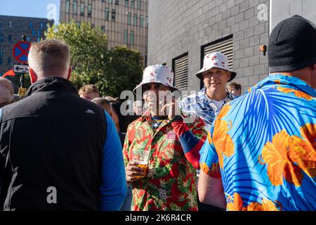 Newcastle upon Tyne, UK. 15th October 2022. Fans outside the stadium at England v Samoa in the Rugby League Men's World Cup Credit: Hazel Plater/Alamy Live News Stock Photo