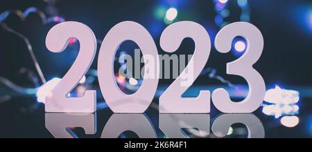 2023 New Year Celebration Blurred lights in the background. Stock Photo