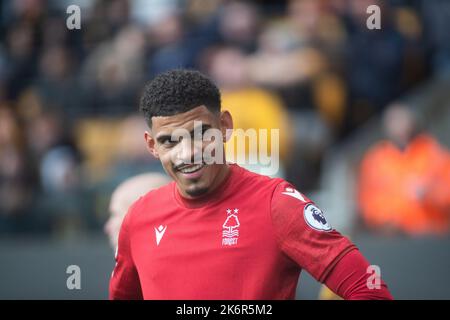 Morgan Gibbs-White #10 of Nottingham Forest shows a rise smile after hearing the away fans chant his name during the Premier League match Wolverhampton Wanderers vs Nottingham Forest at Molineux, Wolverhampton, United Kingdom, 15th October 2022  (Photo by Ritchie Sumpter/News Images) Stock Photo