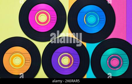 Colorful vinyl CD discs in flat lay format displayed on a multicolored background, retro records conceptual image. Stock Photo