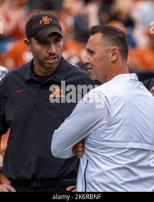 October 15, 2022. Head coach Steve Sarkisian of the Texas Longhorns talking to head coach Matt Campbell of the Iowa State Cyclones at DKR-Memorial Stadium. Credit: Cal Sport Media/Alamy Live News Stock Photo