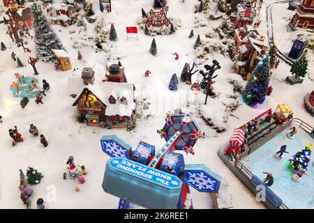 High angle view of an idyllic English village scale models during the Christmas' holiday. Stock Photo