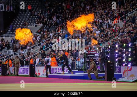 Newcastle, UK. 15th Oct, 2022. Ricky Wilson of The Kaiser Chiefs performs in front of the east stand before The 2021 Rugby League World Cup Pool A match between England and Samoa at St. James's Park, Newcastle on Saturday 15th October 2022. (Credit: Chris Lishman | MI News) Credit: MI News & Sport /Alamy Live News Stock Photo