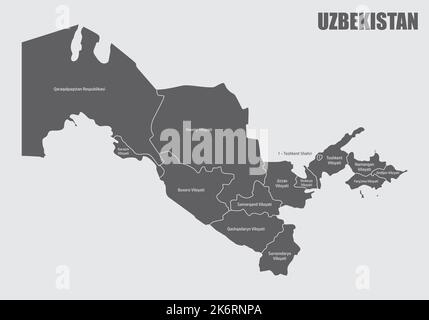 The Uzbekistan administrative map with labels, Asia Stock Vector