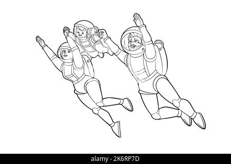 Superman astronaut family flying through the air holding hands.Vector black and white illustration, coloring book, outline Stock Vector