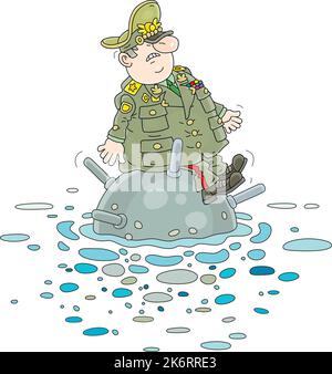 Fat angry army general on a naval anti-ship mine drifting in a sea away from a coast Stock Vector