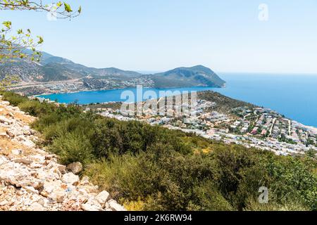 View over Kalkan harbourside town on the Mediterranean coastline in Antalya province of Turkey. Stock Photo