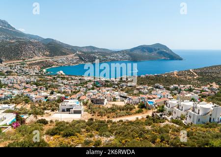 View over Kalkan harbourside town on the Mediterranean coastline in Antalya province of Turkey. Stock Photo