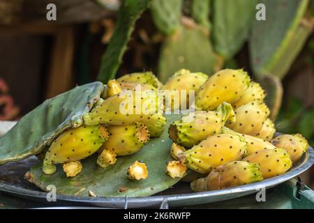 Fruits of Indian fig cactus (Opuntia ficus-indica), also known as devil's tongue or Eastern prickly pear. Stock Photo