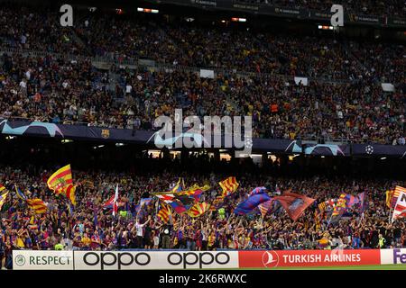 Spain. 12th Oct, 2022. Spain, Barcelona, oct 12 2022: fc Barcelona's fans wave the flags in the stands during soccer game FC BARCELONA vs FC INTER, UCL 2022-2023 Group C matchday4 at Camp Nou (Credit Image: © Fabrizio Andrea Bertani/Pacific Press via ZUMA Press Wire) Stock Photo