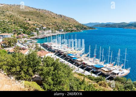 Bozburun, Mugla, Turkey – May 17, 2021. View over Bozburun village near Marmaris resort town in Mugla, Turkey. View with yachts. Stock Photo