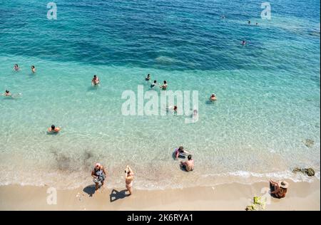 Alanya, Turkey – August 18, 2021. View over Tersane Beach in Alanya, Turkey. View with people in summer. Stock Photo