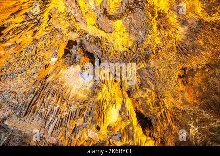 Alanya, Turkey – August 18, 2021. Ceiling of Damlatas cave in Alanya, Turkey, with stalactites. The cave is known for curing respiratory complaints, i Stock Photo