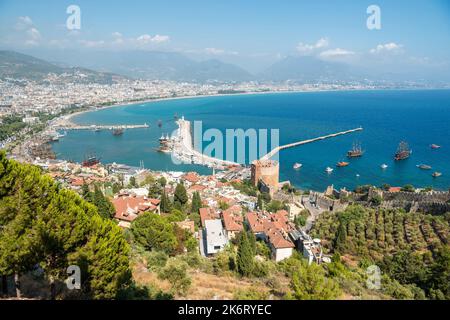 Alanya, Turkey – August 18, 2021. Aerial view over Alanya resort town on the Mediterranean coast of Turkey. Stock Photo