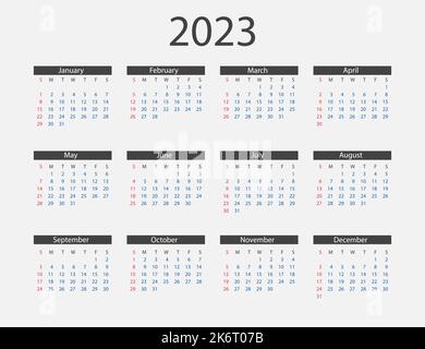 2023 year, calendar. Vector illustration. Weeks start on Sunday. Stock Vector