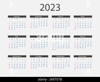 2023 year, calendar. Vector illustration. Weeks start on Sunday.