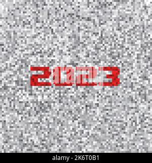 Red '2023' on pixelated bad signal background. Analog vector graphic pattern Stock Vector