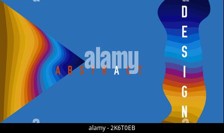 Abstract template of card with multicolored striped triangle and wavy line on cerulean blue background. Colorful vector graphic pattern Stock Vector