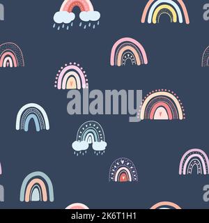 Seamless pattern with hand drawn rainbows, hearts, clouds, raindrops. Vector background with colorful pastel rainbow childish scandinavian style Stock Vector