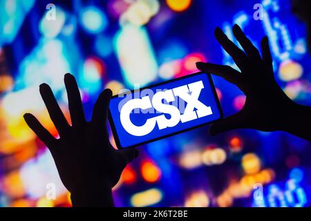 In this photo illustration, the CSX Corporation logo is displayed on a smartphone screen. Stock Photo